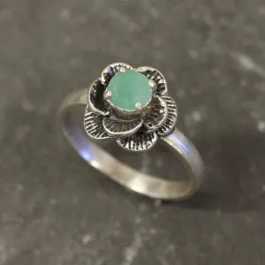 Emerald Flower Ring - Silver Rose Ring - May Birthstone Ring