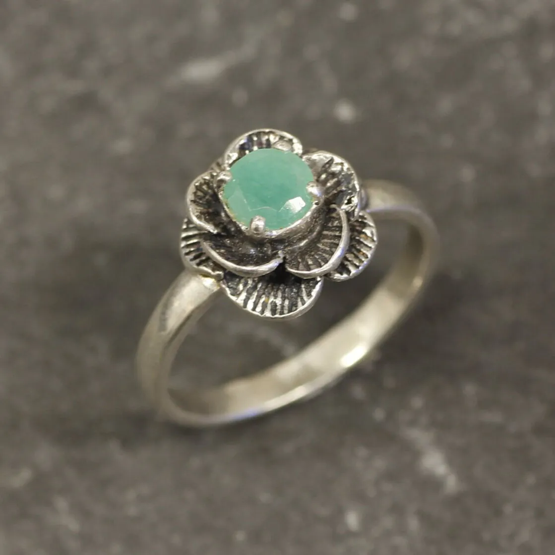 Emerald Flower Ring - Silver Rose Ring - May Birthstone Ring