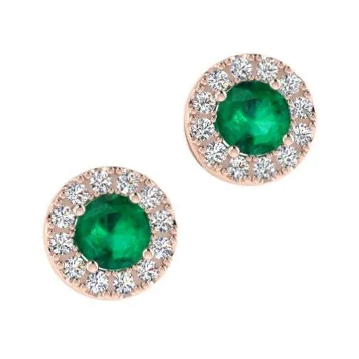 Emerald Stud Earrings Diamond Halo 18K Gold