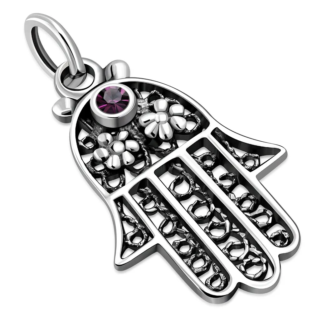 filigree Work Hamsa Silver Pendant Purple Swarovski