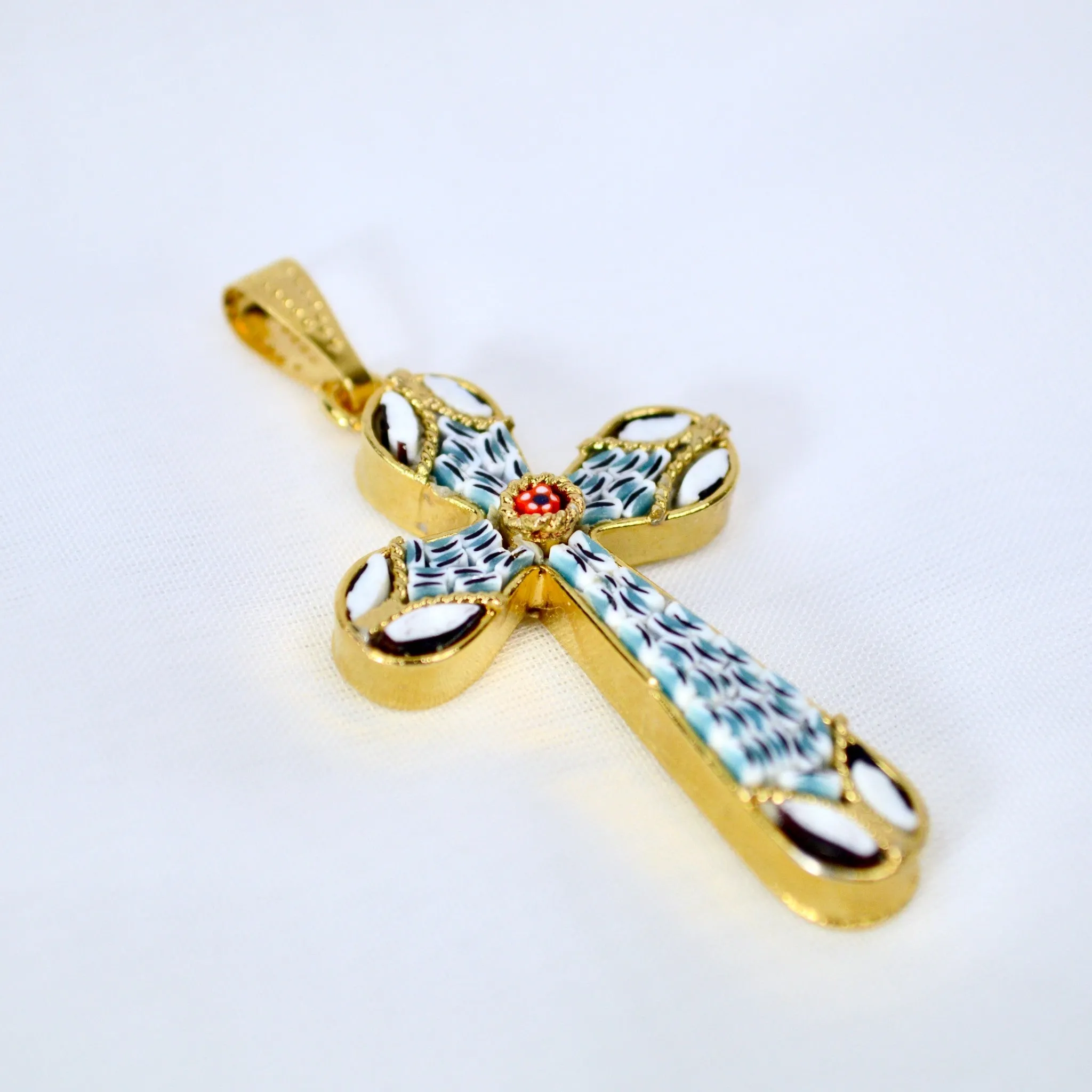 Florentine Mosaic Cross Pendant, Millefiori Glass, Made In Italy