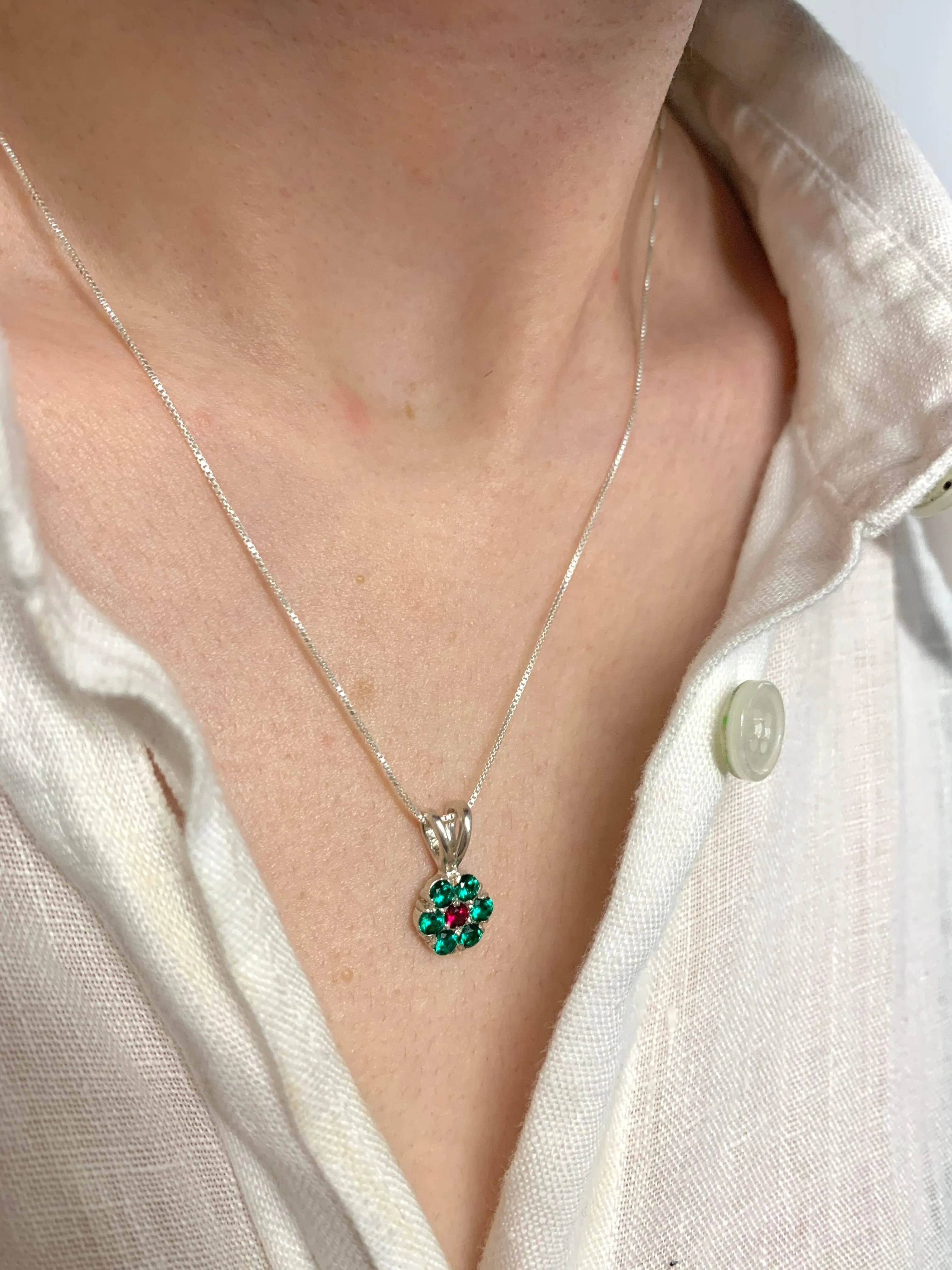 Flower Emerald Necklace - Green Flower Necklace - Ruby Flower Necklace