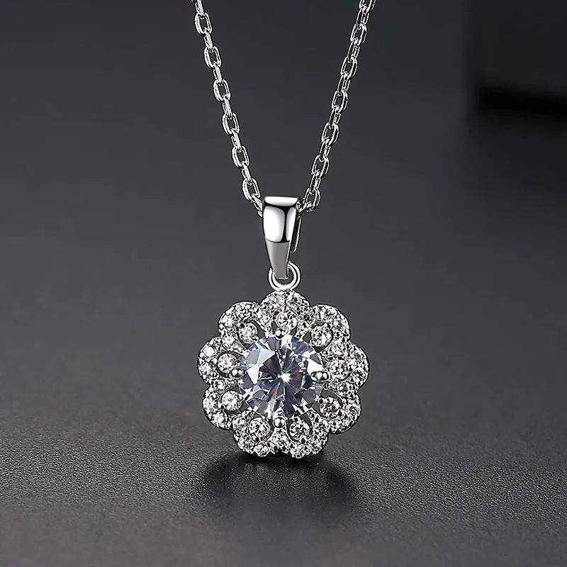 Flower Pendant Cubic Zirconia Necklace