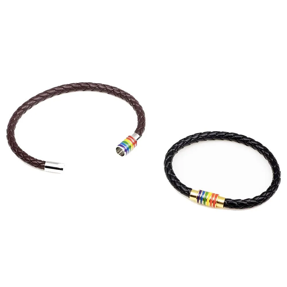 Gay Pride Rainbow Magnetic Bracelet (Black Leather/Gold Fastener)