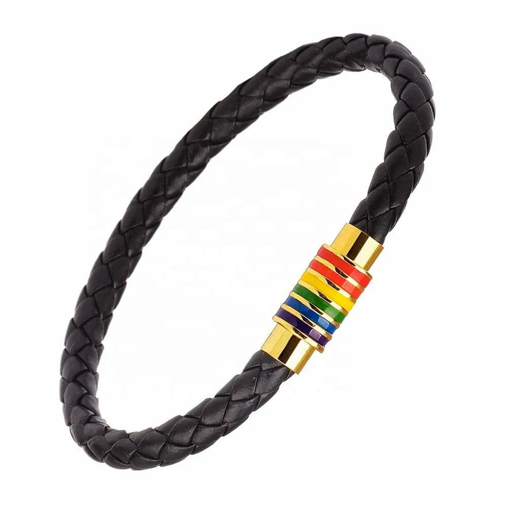 Gay Pride Rainbow Magnetic Bracelet (Black Leather/Gold Fastener)