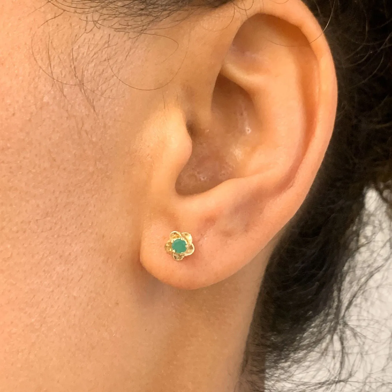 Genuine Emerald Gold Studs - Real 14k Gold Earrings - Dainty Flower Gold Earrings