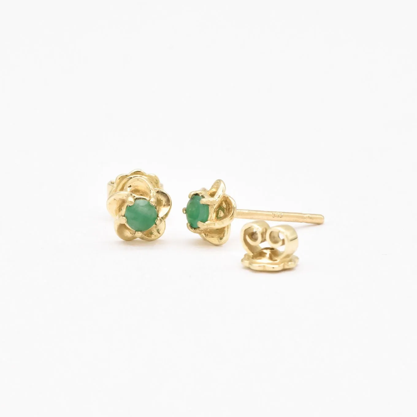 Genuine Emerald Gold Studs - Real 14k Gold Earrings - Dainty Flower Gold Earrings