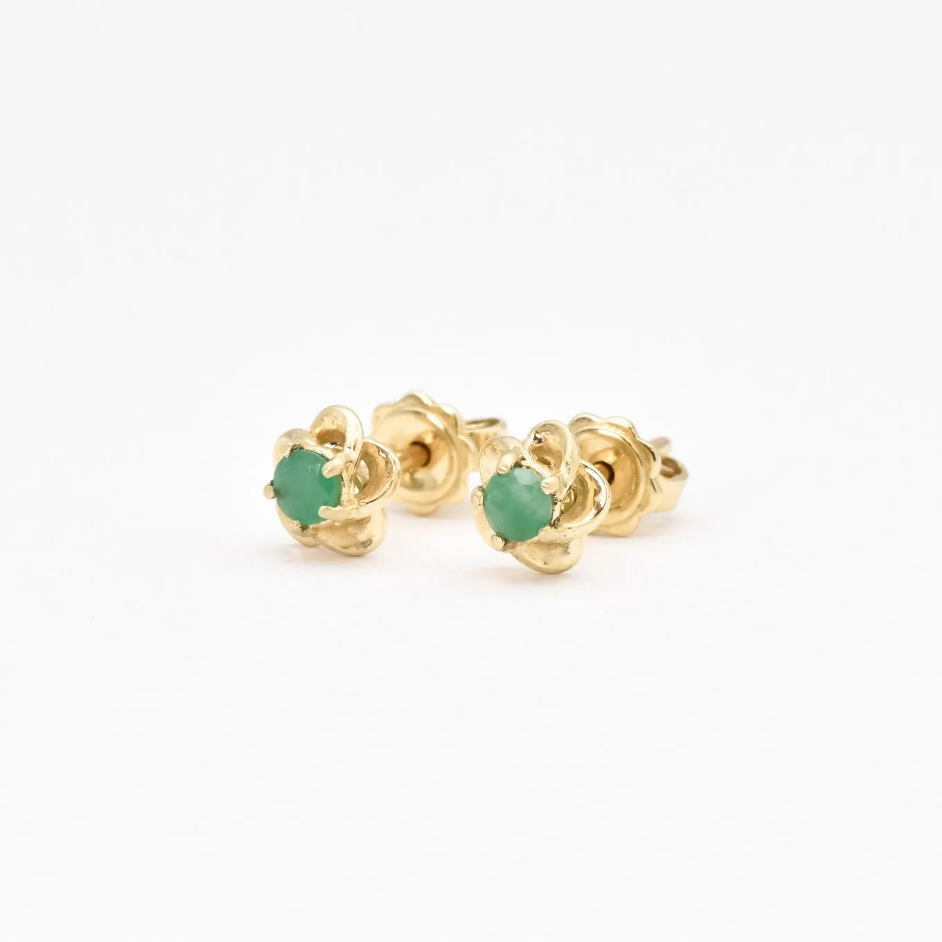 Genuine Emerald Gold Studs - Real 14k Gold Earrings - Dainty Flower Gold Earrings