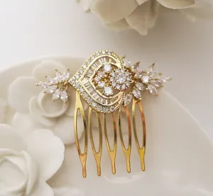 Gold CZ Floral Hair Comb Perin