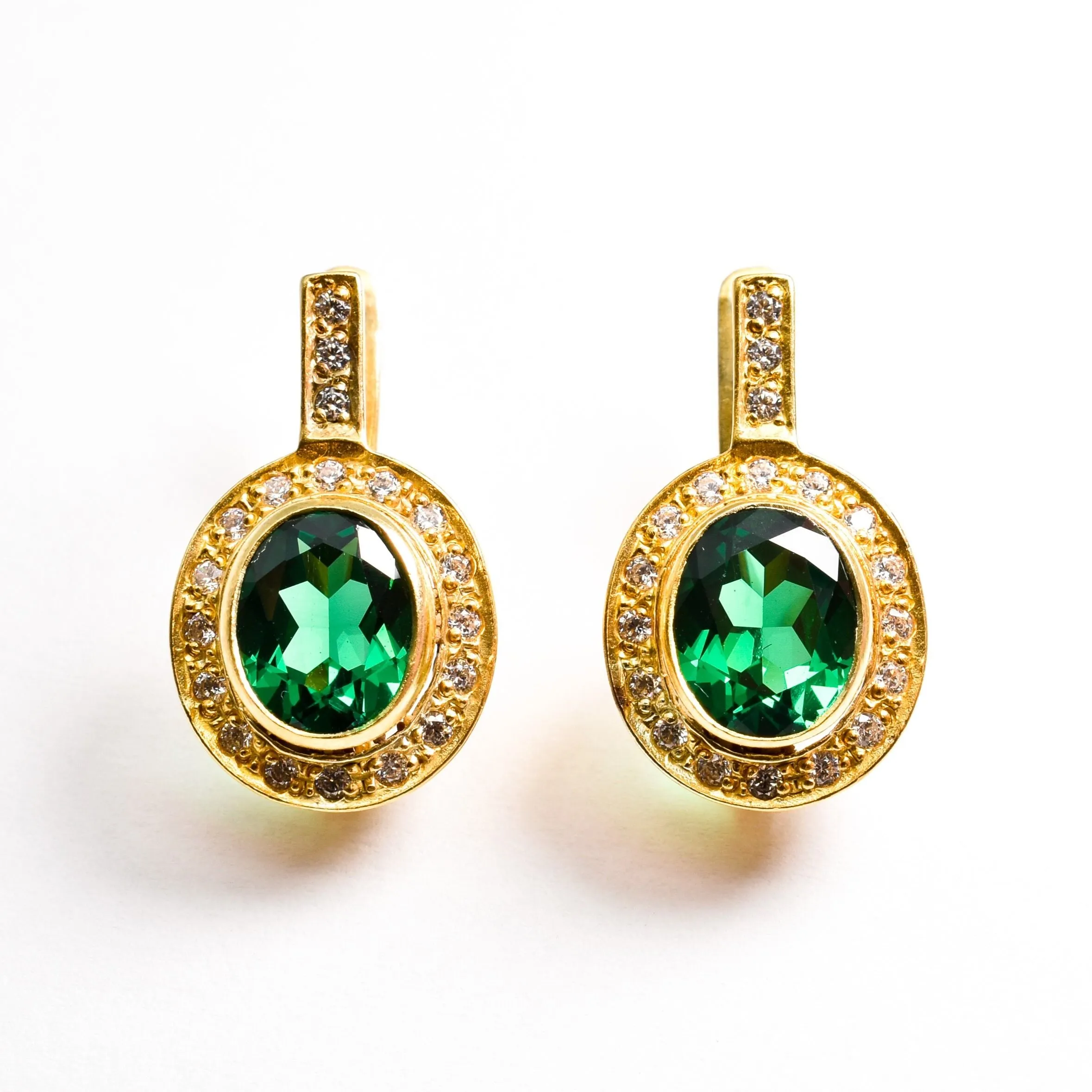 Gold Emerald Earrings - Created Emerald, Green Victorian Earrings