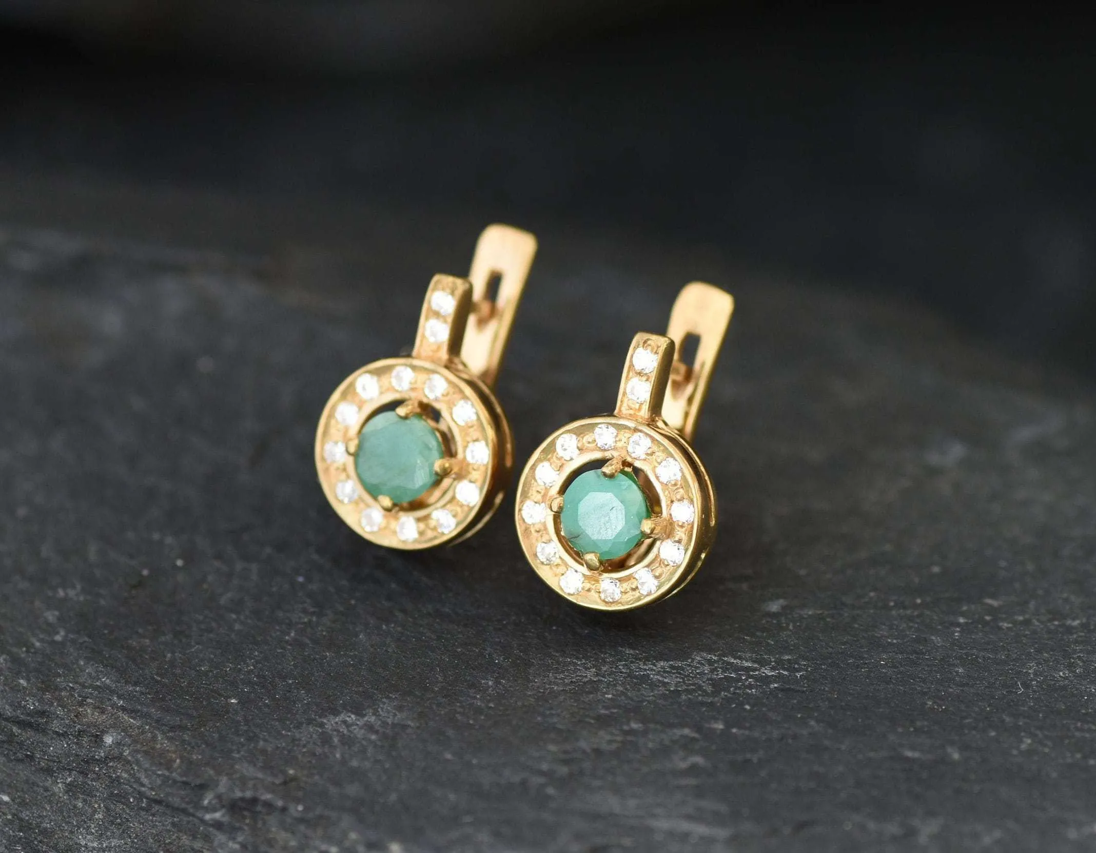 Gold Emerald Earrings - Natural Emerald Earrings, Dainty Emerald Studs