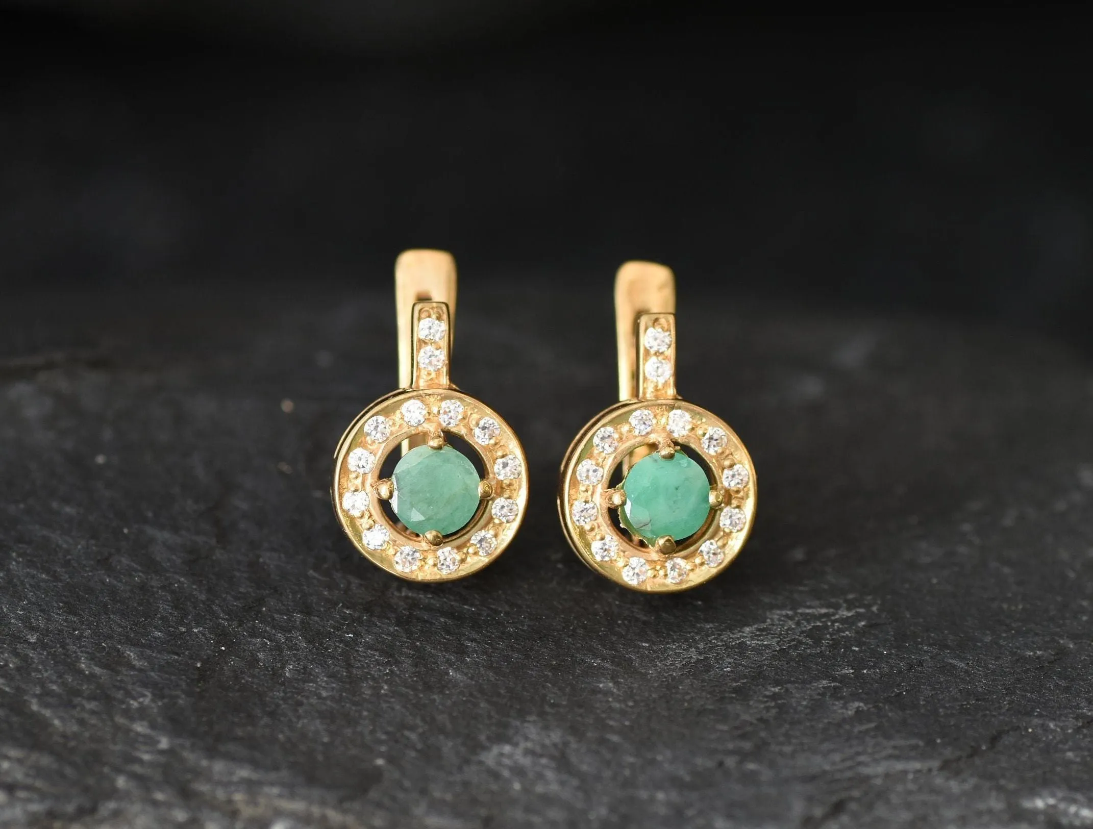 Gold Emerald Earrings - Natural Emerald Earrings, Dainty Emerald Studs