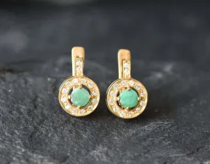 Gold Emerald Earrings - Natural Emerald Earrings, Dainty Emerald Studs