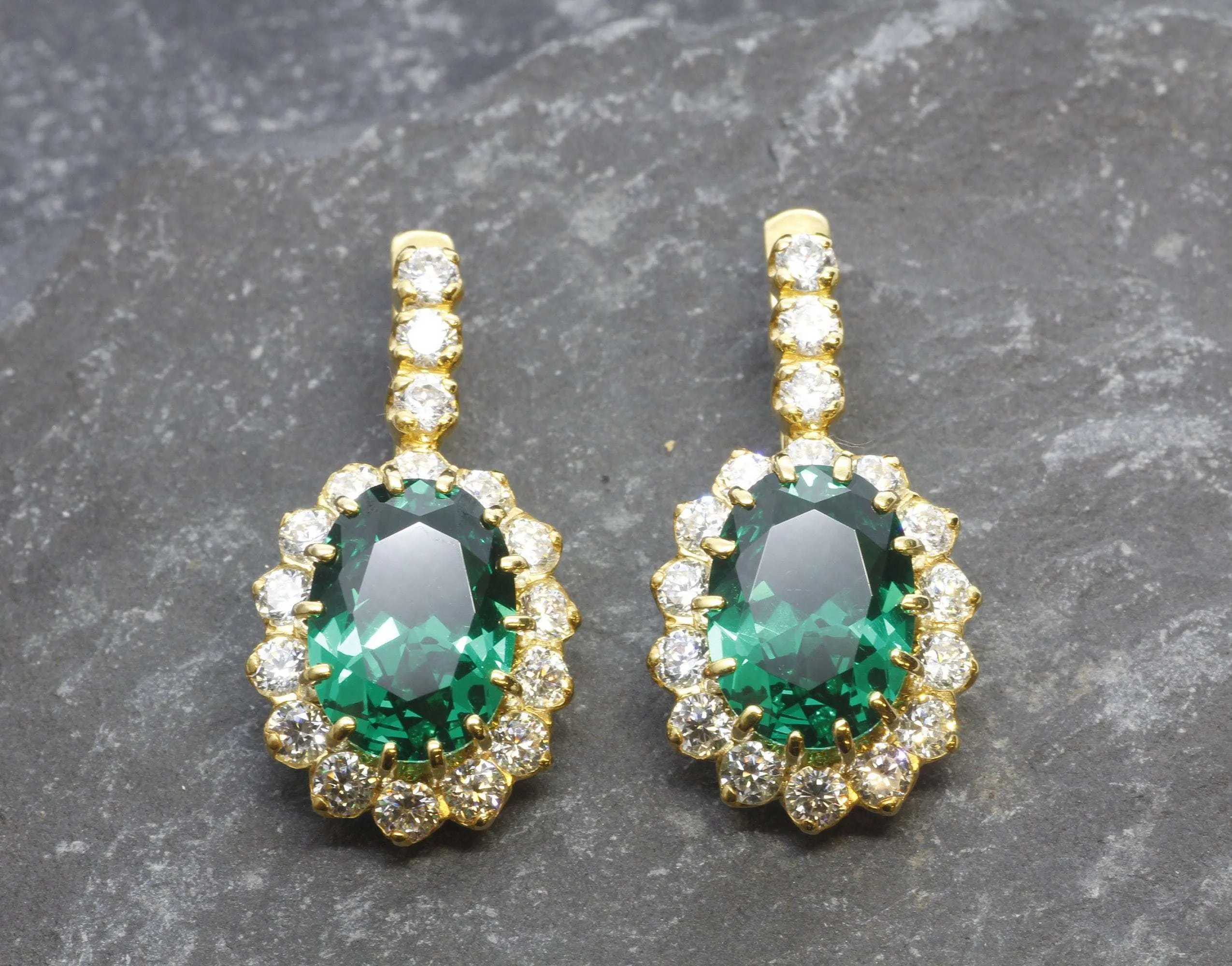 Gold Emerald Earrings - Princess Diana Earrings, Long Green Earrings