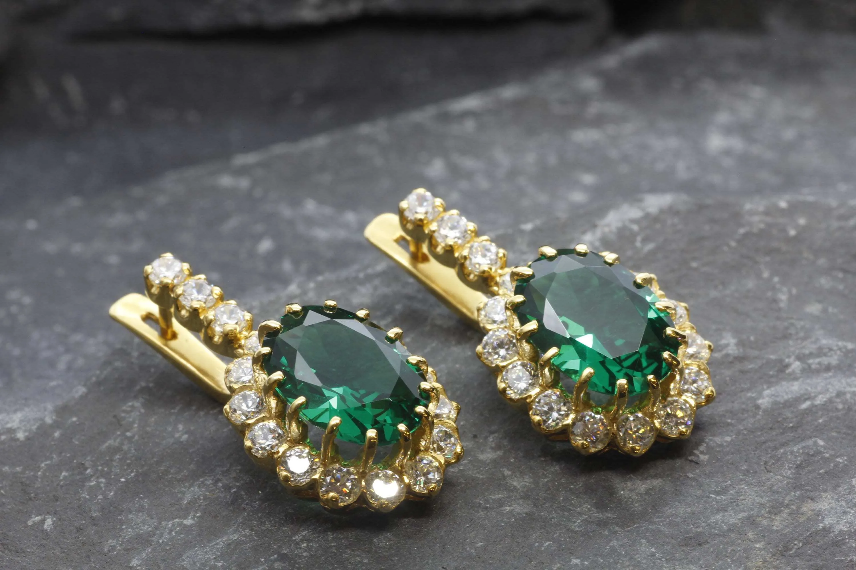 Gold Emerald Earrings - Princess Diana Earrings, Long Green Earrings