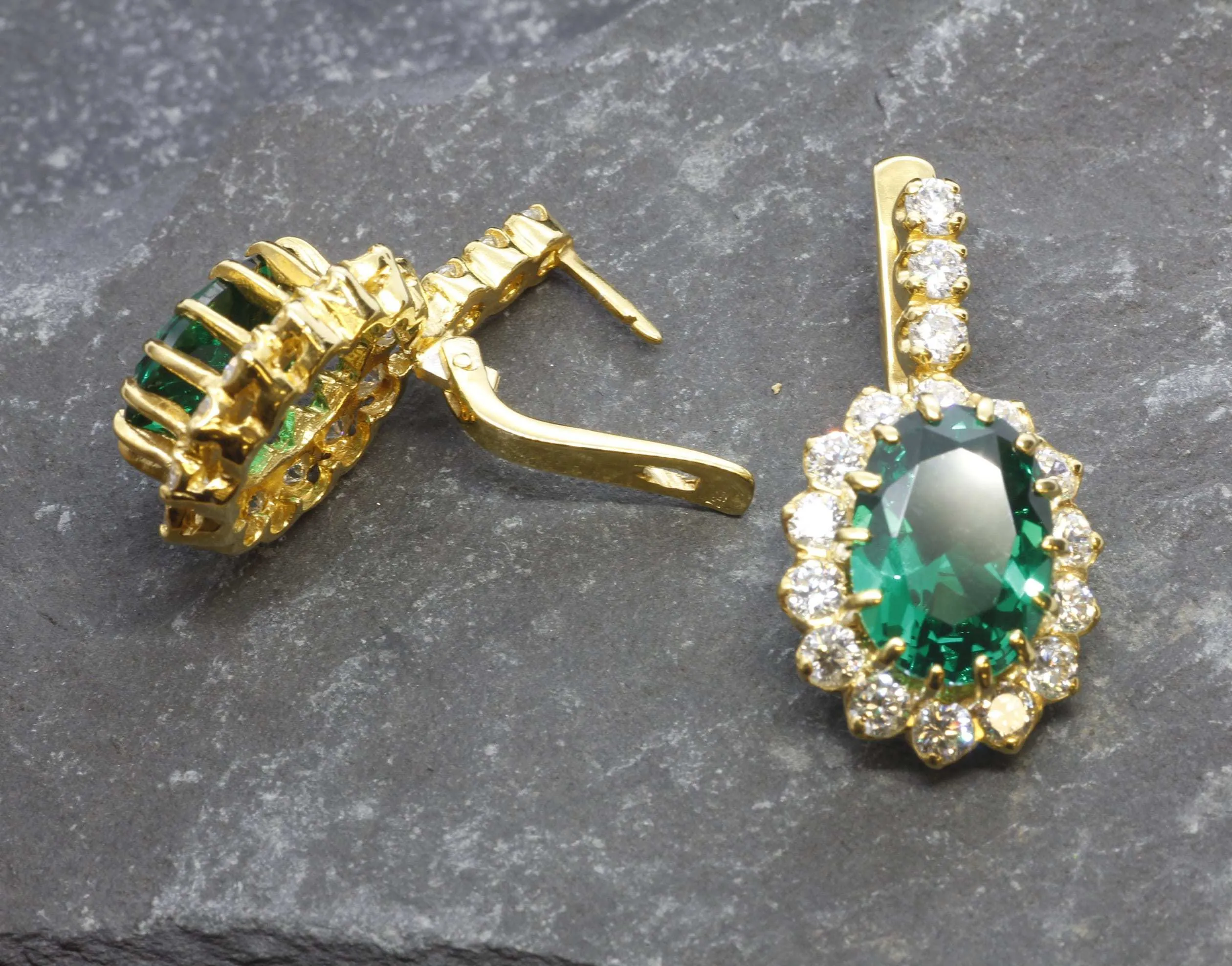 Gold Emerald Earrings - Princess Diana Earrings, Long Green Earrings