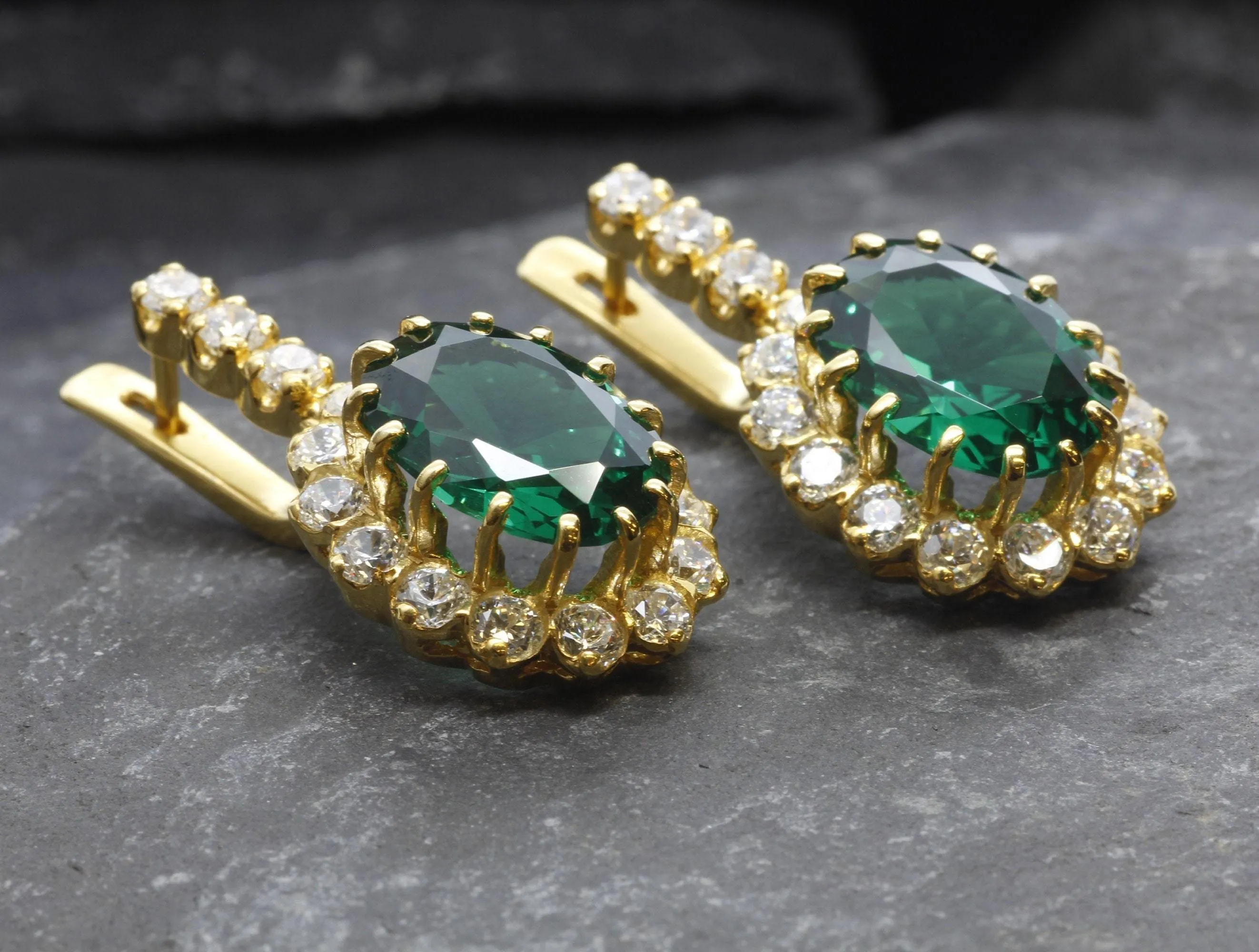 Gold Emerald Earrings - Princess Diana Earrings, Long Green Earrings