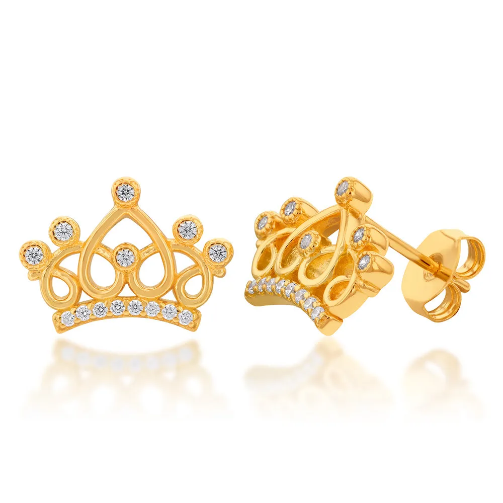 Gold Plated Sterling Silver Fancy Crown With Cubic Zirconia Stud Earrings