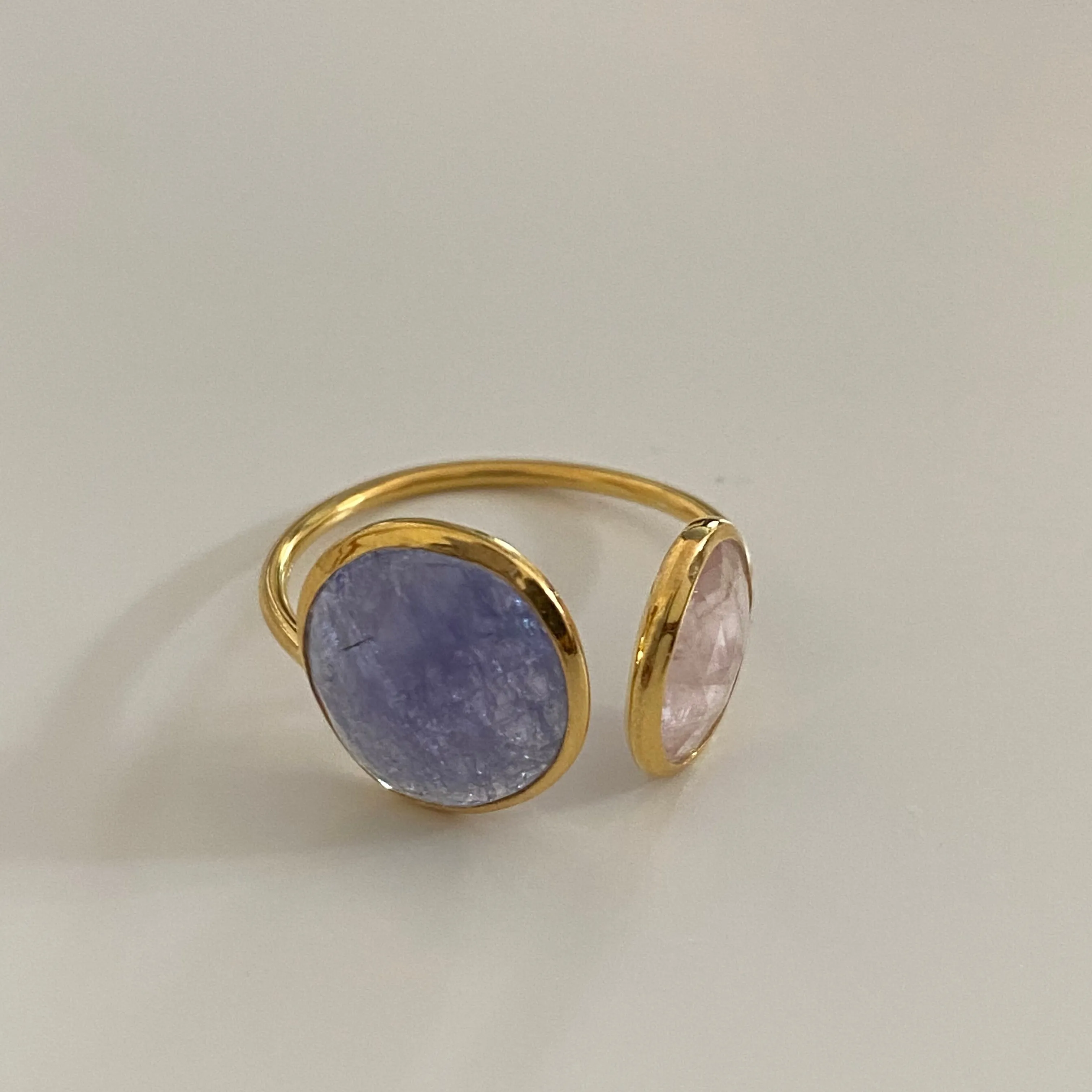 Gold Plated Sterling Silver Two Gemstone Ring with Morganite and Tanzanite