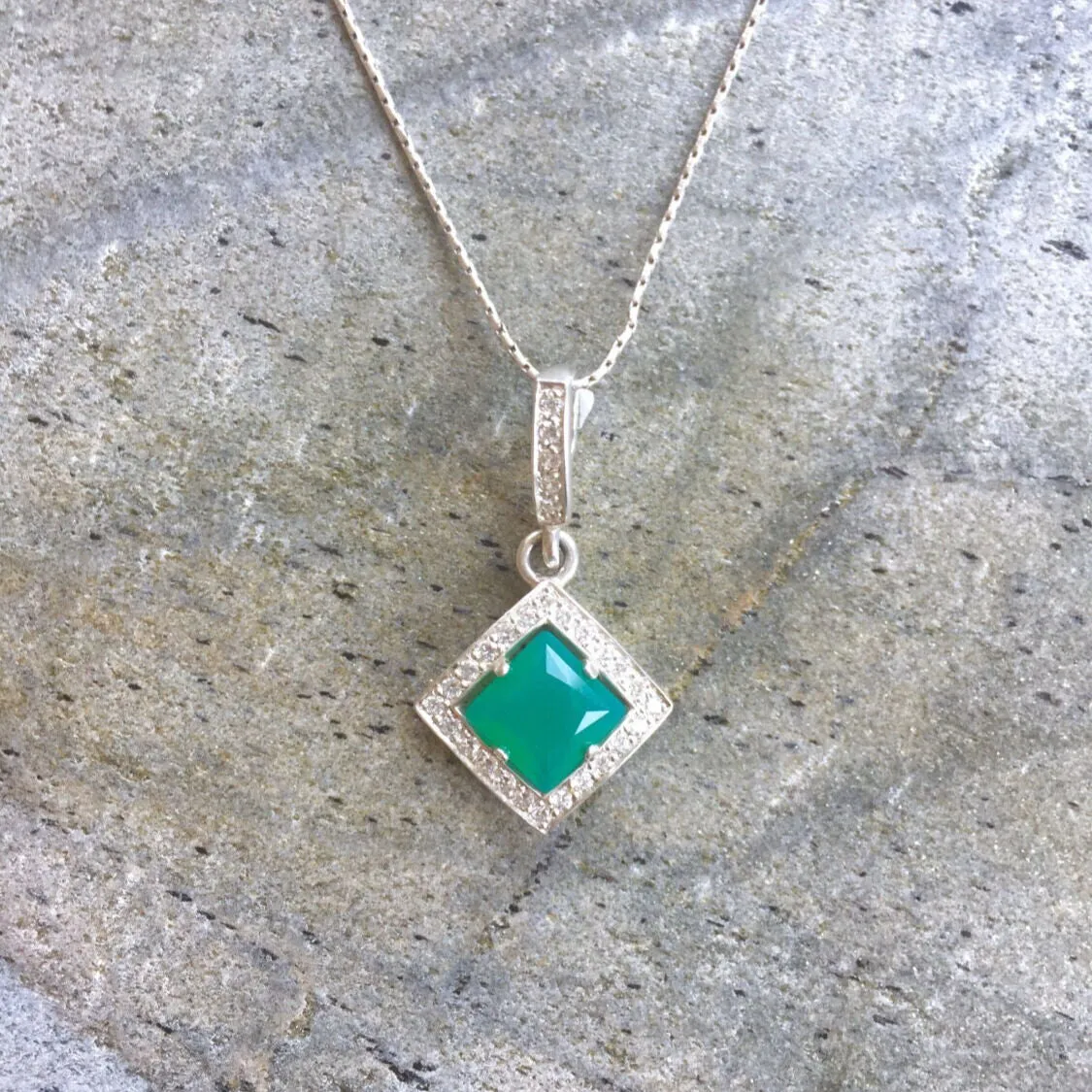 Green Emerald Pendant - Vintage Emerald Necklace - Princess Cut Silver Necklace