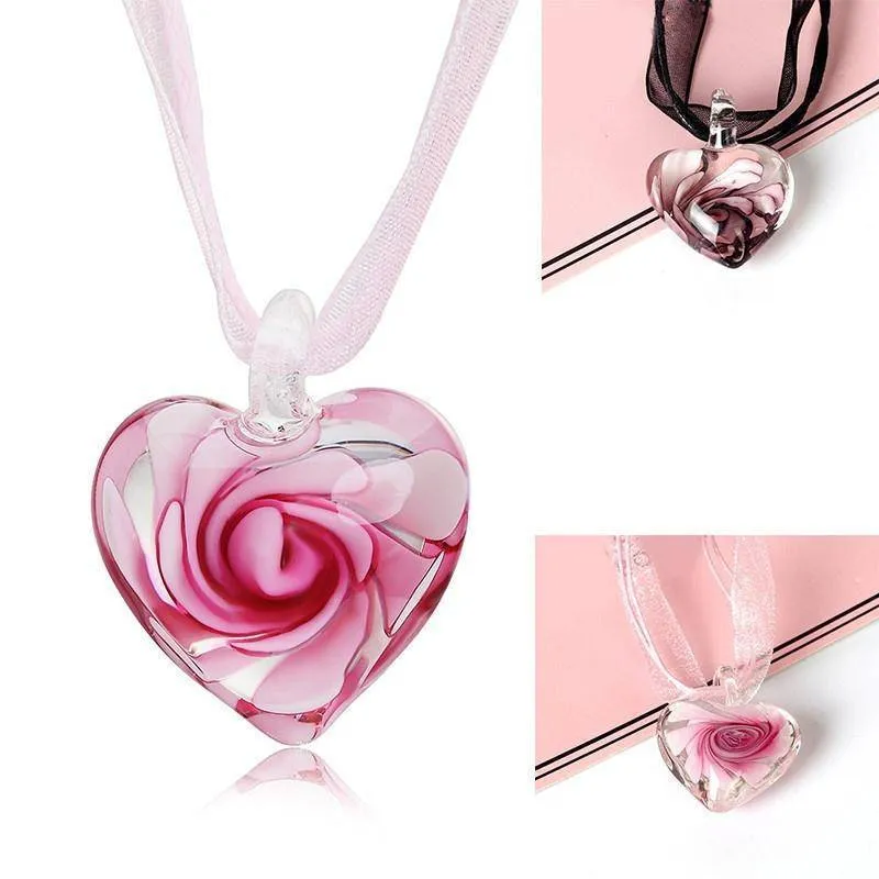 Handmade Luxury Love Heart Necklace Glass Blown Flower Inlaid Spiral Ribbon