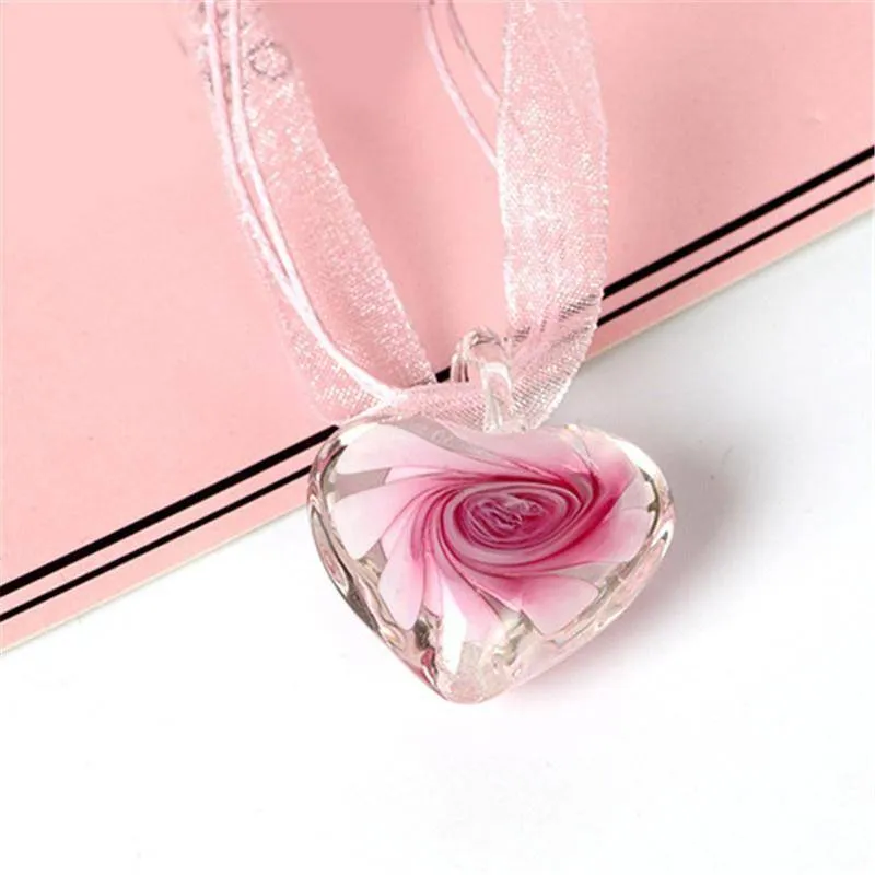 Handmade Luxury Love Heart Necklace Glass Blown Flower Inlaid Spiral Ribbon