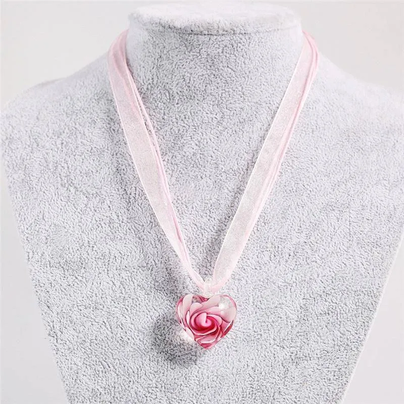 Handmade Luxury Love Heart Necklace Glass Blown Flower Inlaid Spiral Ribbon