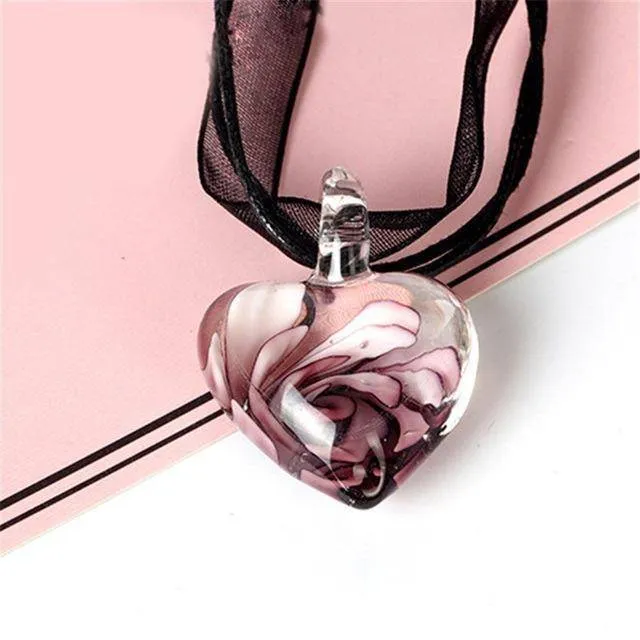 Handmade Luxury Love Heart Necklace Glass Blown Flower Inlaid Spiral Ribbon