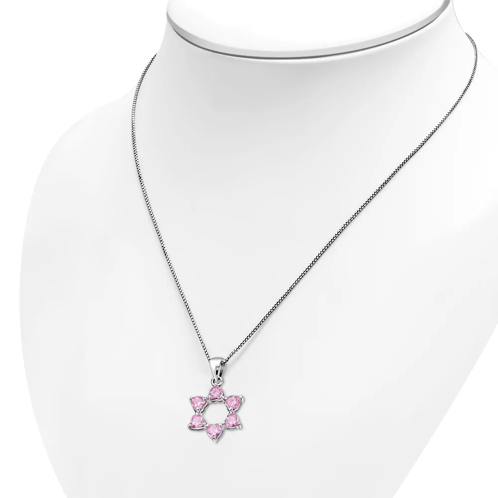 Heart Shape Pink CZ Star David Silver Pendant