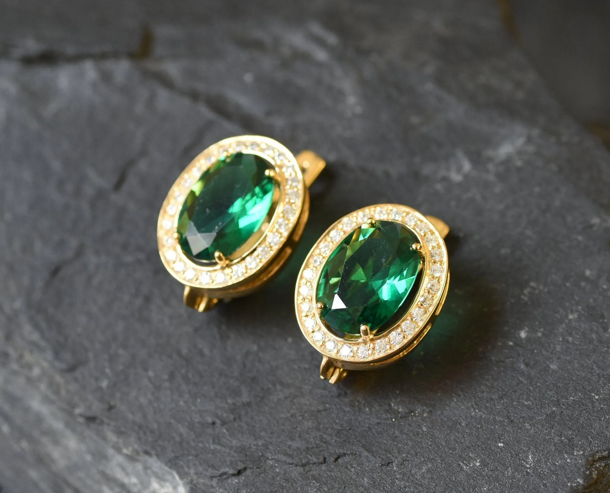 Large Emerald Earrings - Gold Emerald Earrings, Green Vintage Earrings