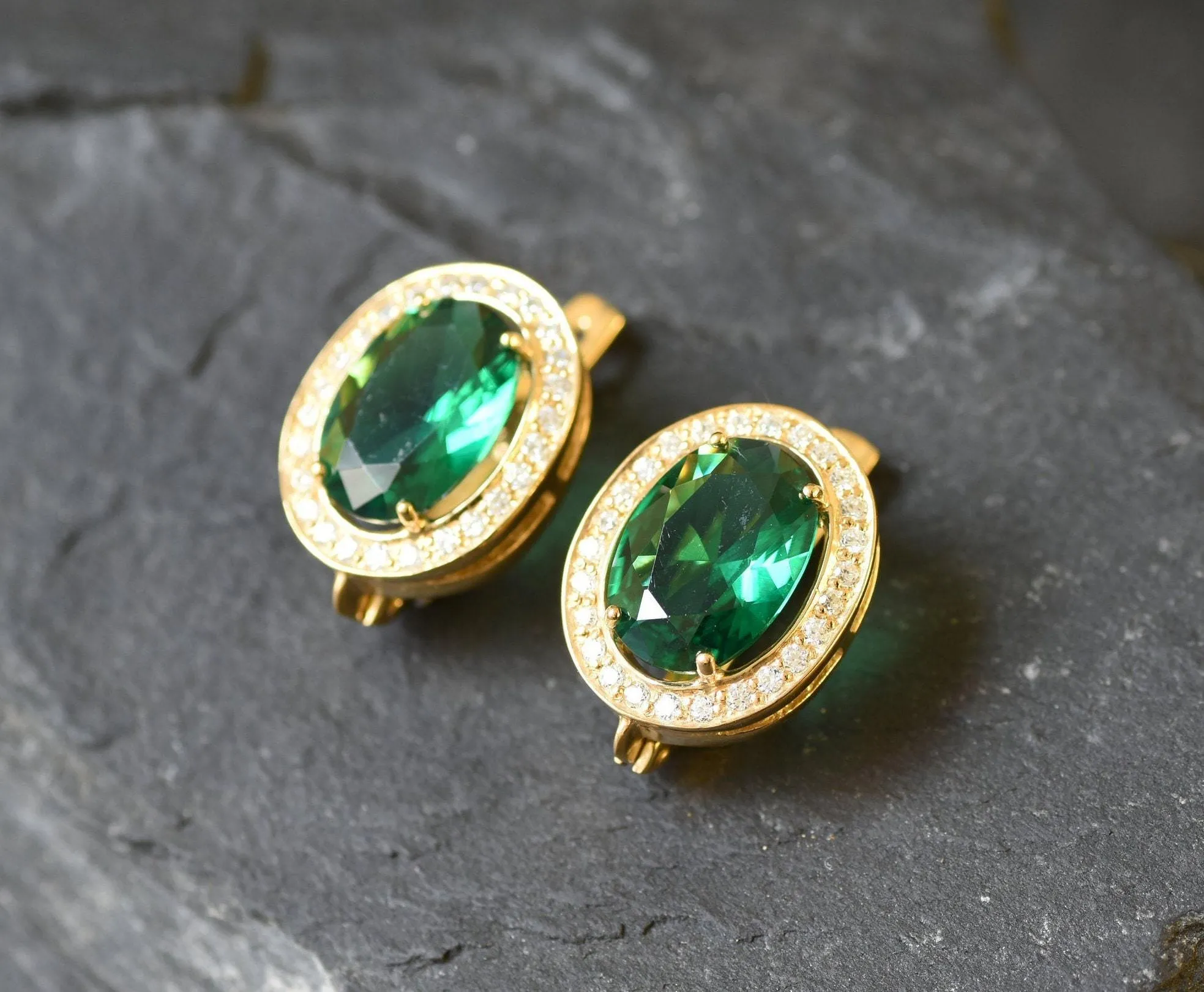 Large Emerald Earrings - Gold Emerald Earrings, Green Vintage Earrings