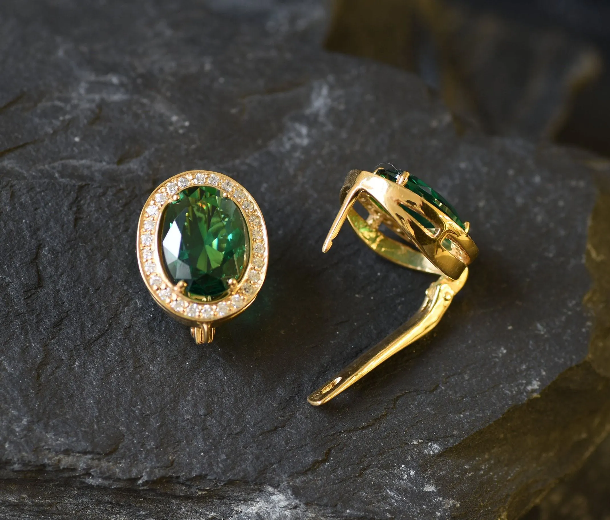 Large Emerald Earrings - Gold Emerald Earrings, Green Vintage Earrings