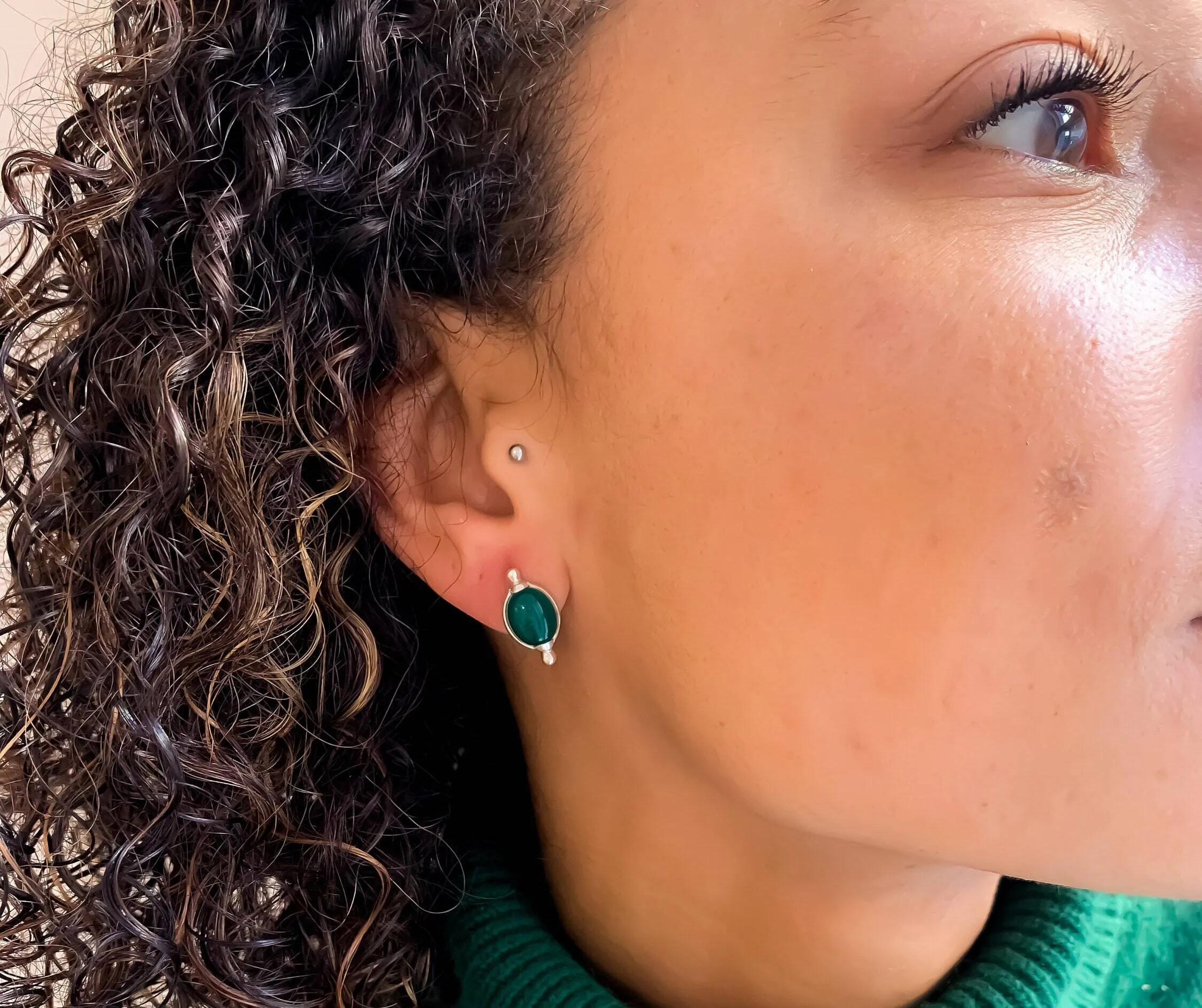 Large Emerald Studs - Green Oval Earrings, Silver Emerald Earrings