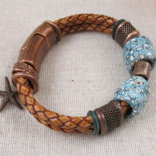 Light Brown Leather Braided Bracelet SFair Trade Bead Accents