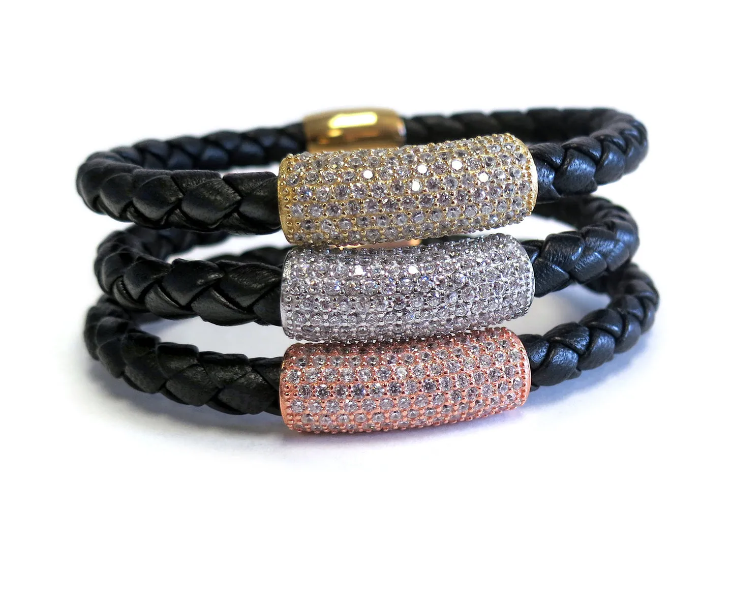 Liza Schwartz Sterling Silver Black Bar Stack Leather Bracelets 3-Pack