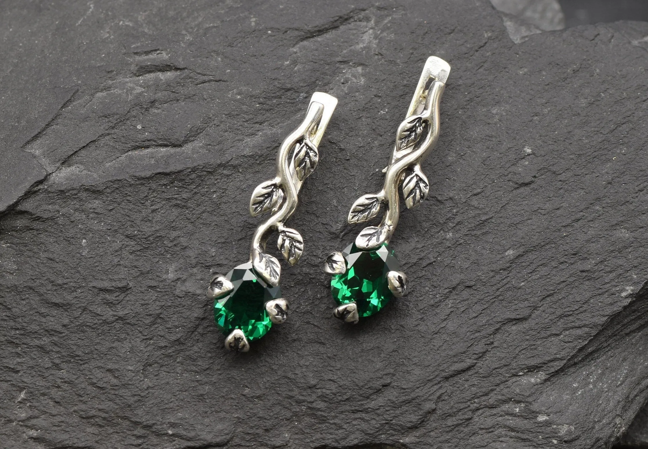 Long Emerald Earrings - Green Drop Earrings - Vintage Leaf Earrings