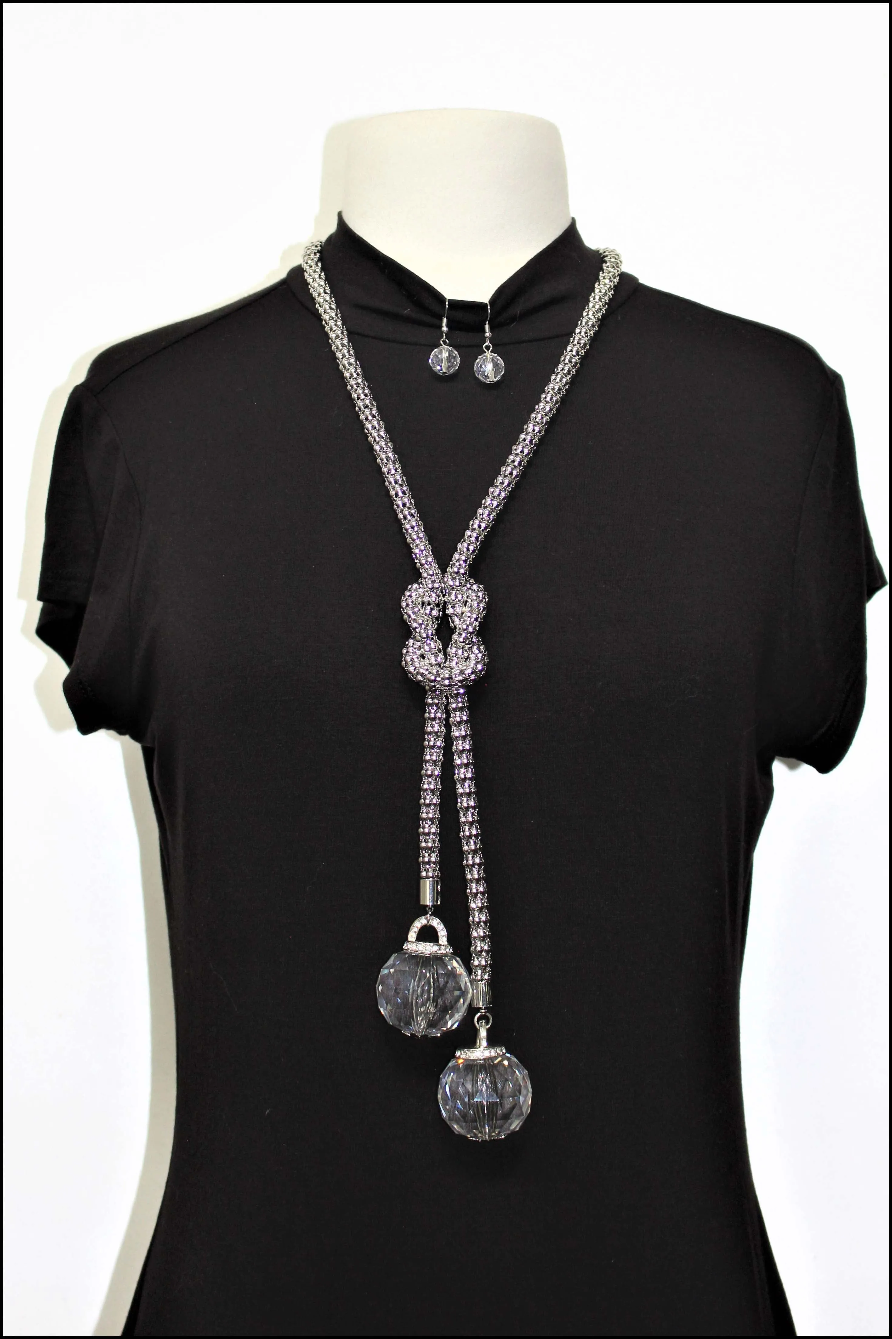 Long Metal Rope Necklace Set w/Glass Ball Pendants