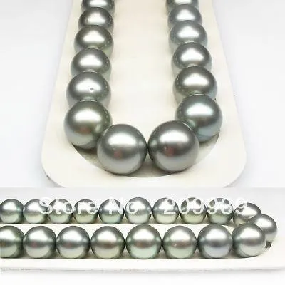 LUXURY!13~14MM ROUND GRAY TAHITIAN PEARL NECKLACE/G14k