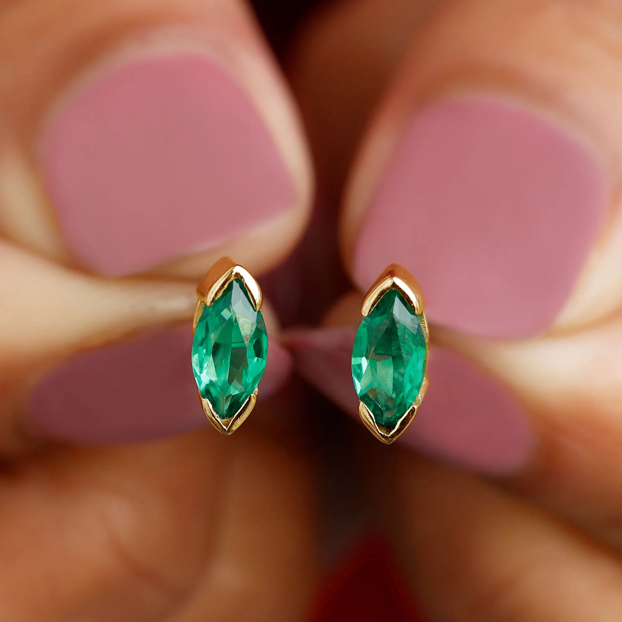 Marquise Cut Lab Grown Emerald Solitaire Stud Earrings