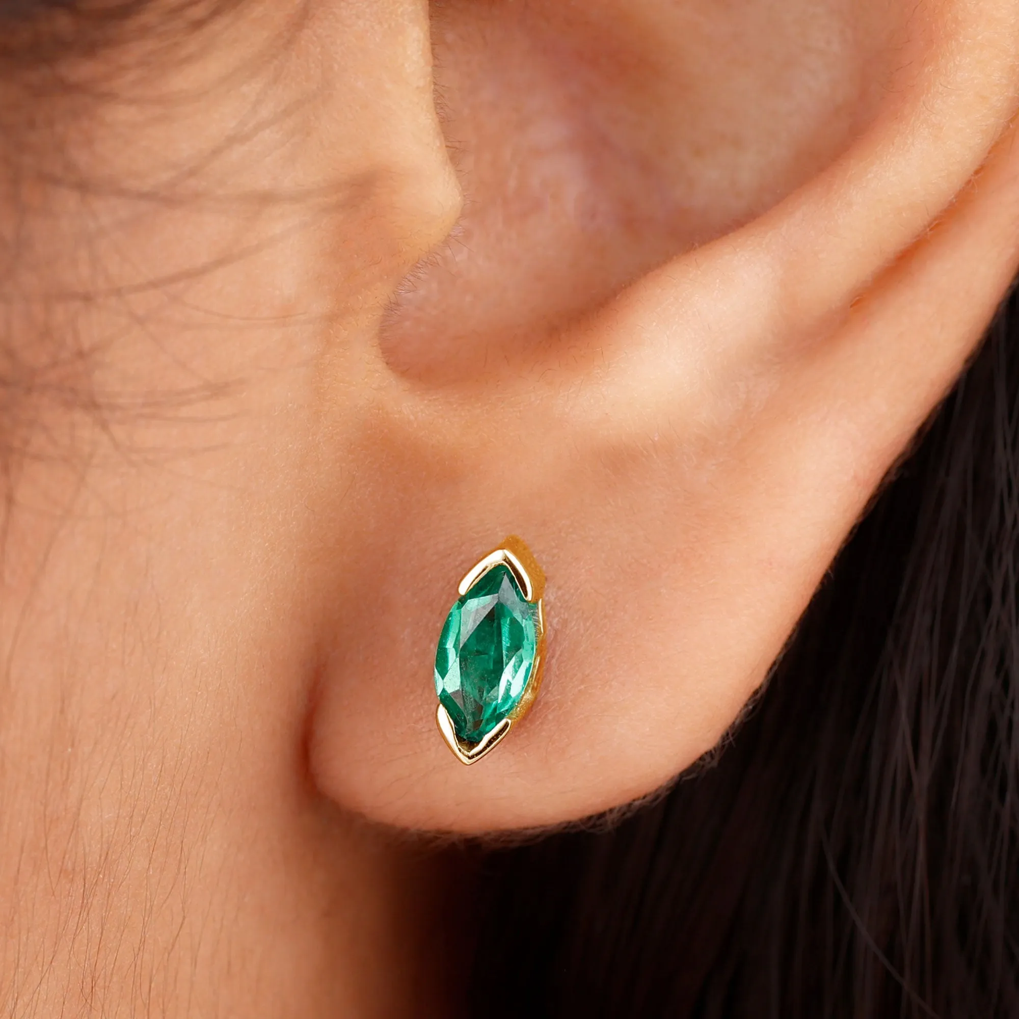 Marquise Cut Lab Grown Emerald Solitaire Stud Earrings