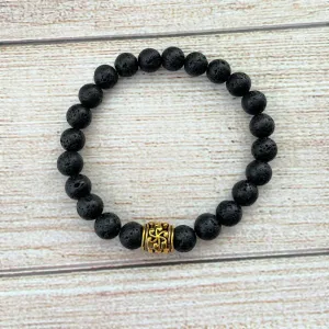 Mens Black Lava Beaded Bracelet with Gold Bead