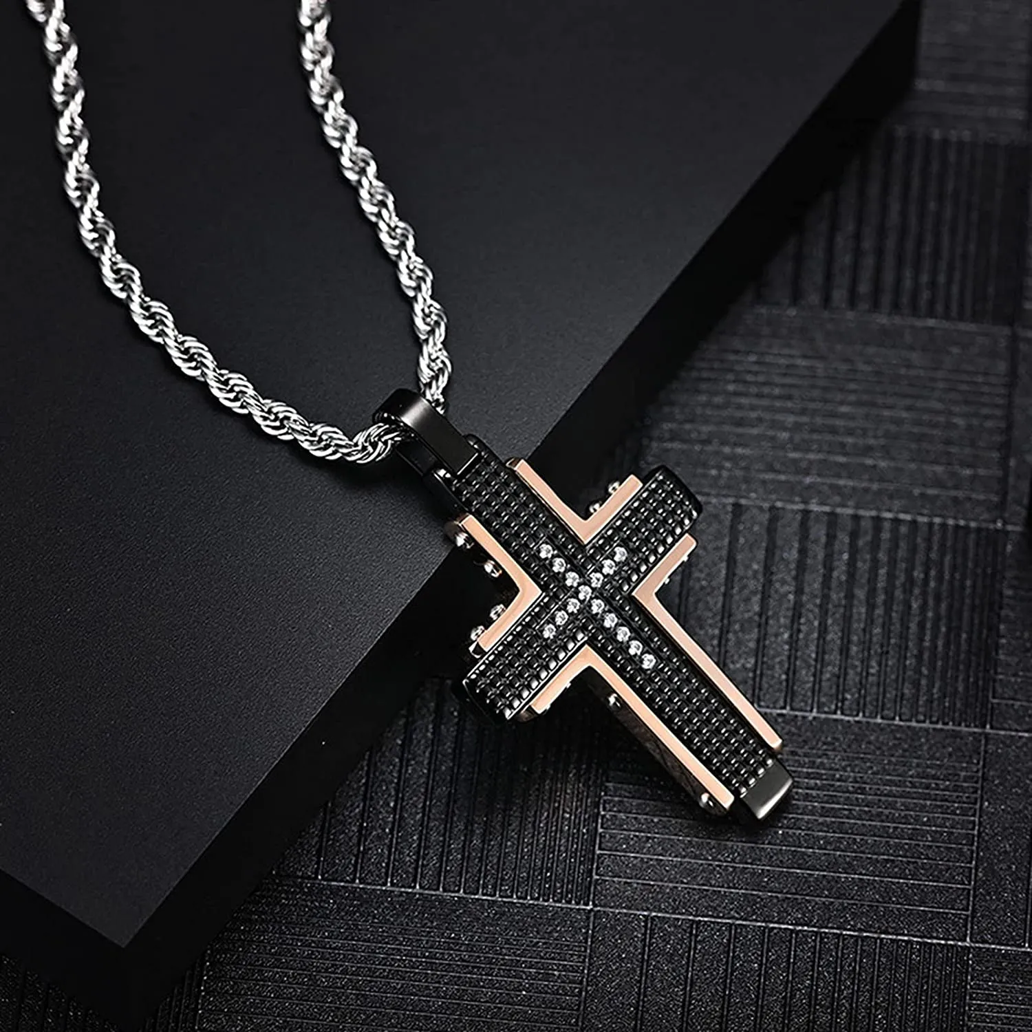 Men's Stainless Steel Black Rose Gold Cross Pendant Necklace for Lord's Prayer Necklace Heavy Chain