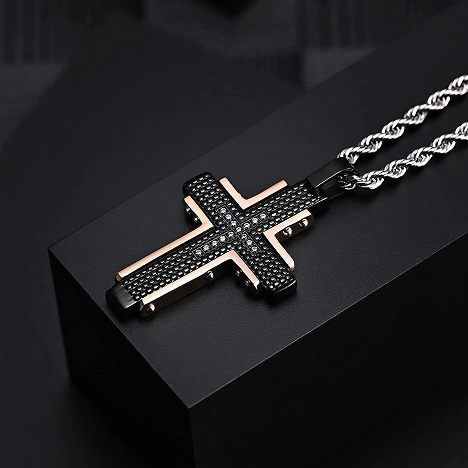 Men's Stainless Steel Black Rose Gold Cross Pendant Necklace for Lord's Prayer Necklace Heavy Chain