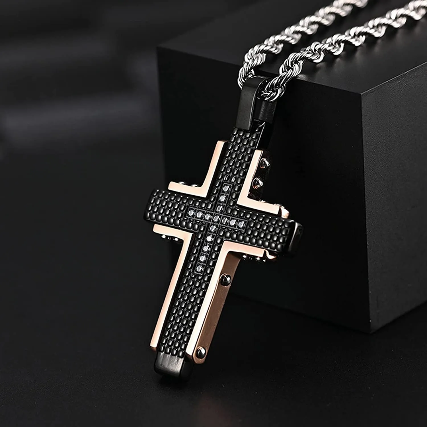 Men's Stainless Steel Black Rose Gold Cross Pendant Necklace for Lord's Prayer Necklace Heavy Chain