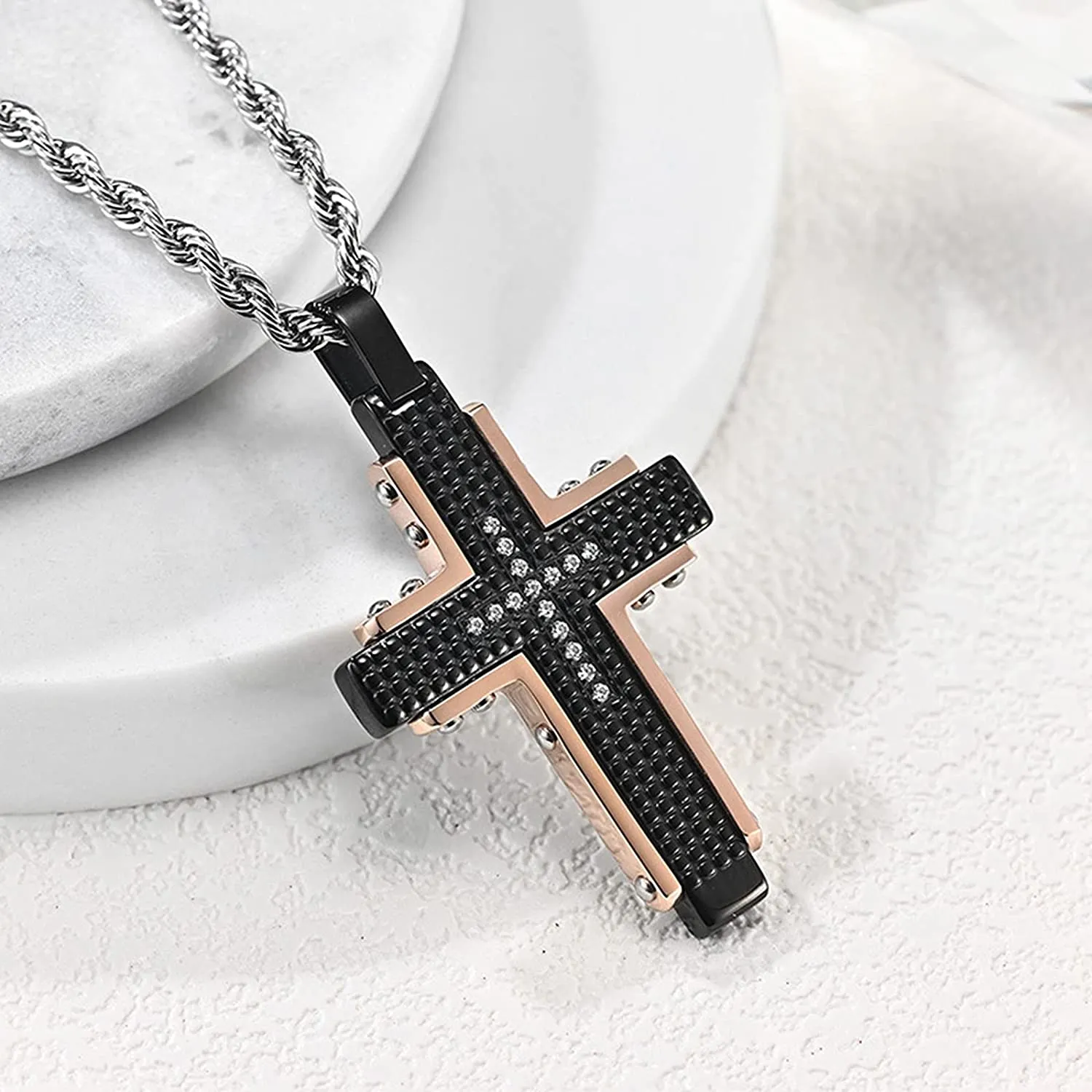 Men's Stainless Steel Black Rose Gold Cross Pendant Necklace for Lord's Prayer Necklace Heavy Chain