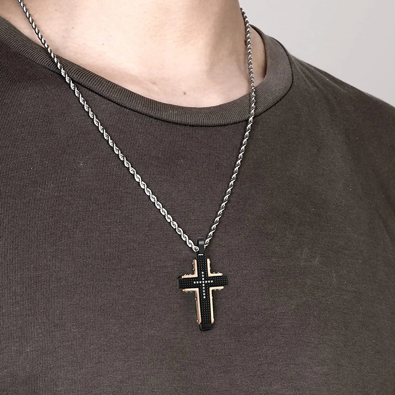 Men's Stainless Steel Black Rose Gold Cross Pendant Necklace for Lord's Prayer Necklace Heavy Chain