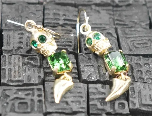 Michael Spirito Jewelry Skull with Emerald Swarovski Tooth Gold Plated Earrings