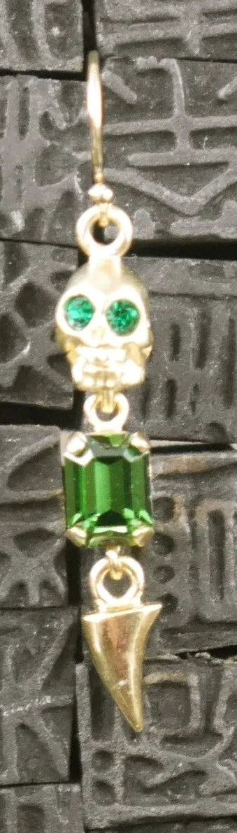 Michael Spirito Jewelry Skull with Emerald Swarovski Tooth Gold Plated Earrings