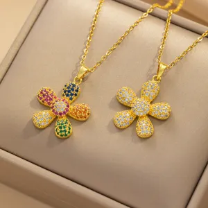 Moderate Luxury Flower Titanium Steel Diamond Inlay Necklaces