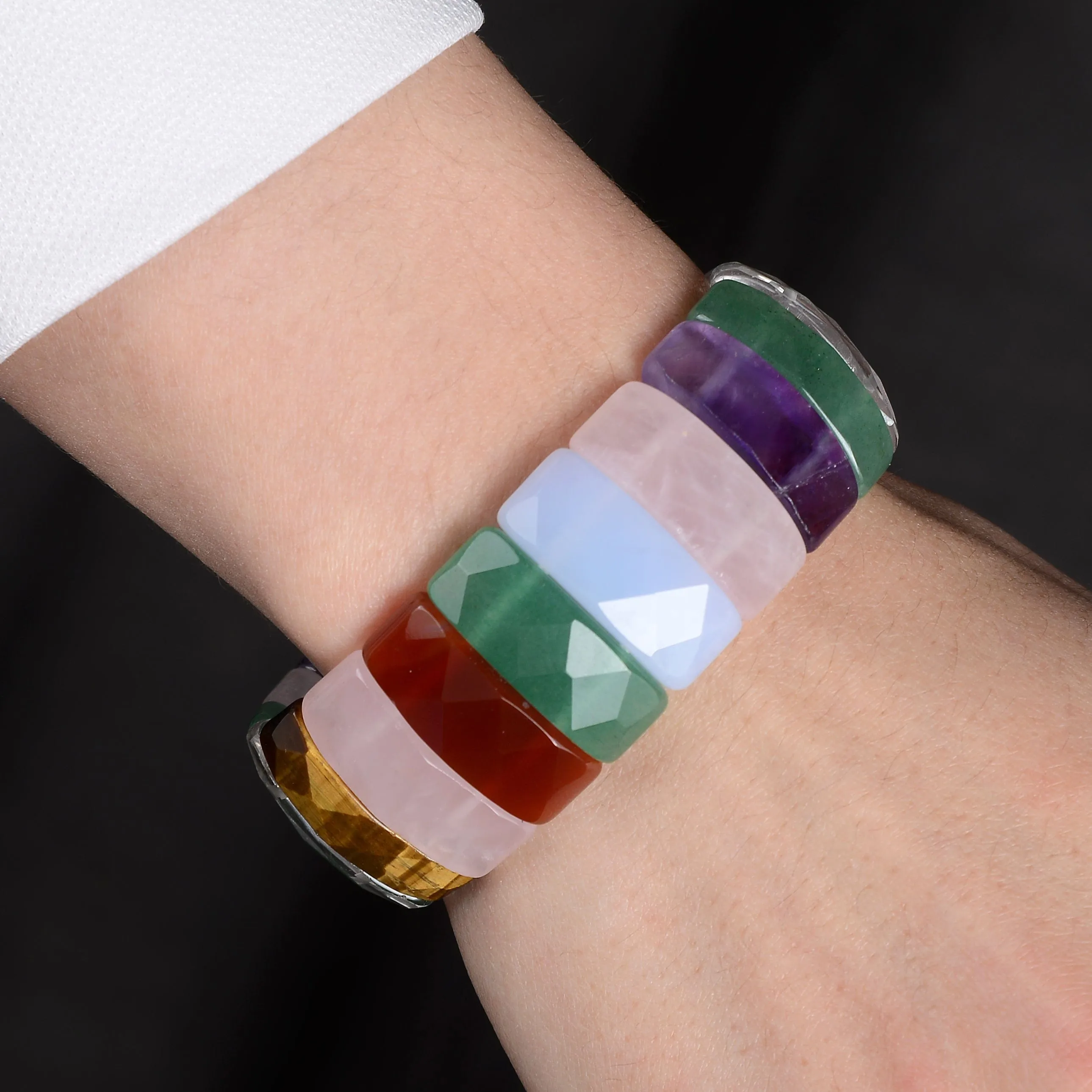 Multi Gemstone Rectangular & Faceted Natural Gemstone Elastic Bracelet